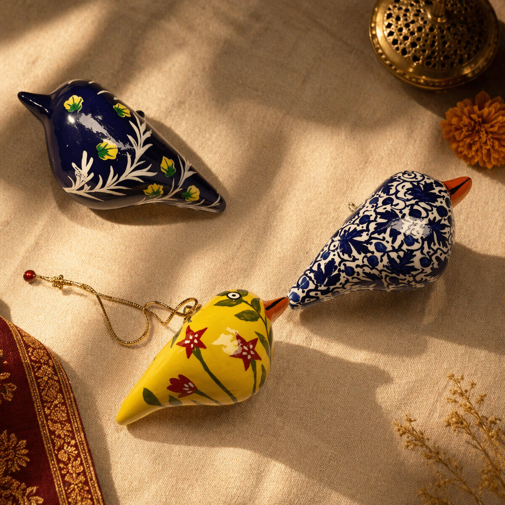 Kashmir Papier-Mâché Doves Hand-Painted Trio, The Art Wall. Handmade in India by House of Taraasha.