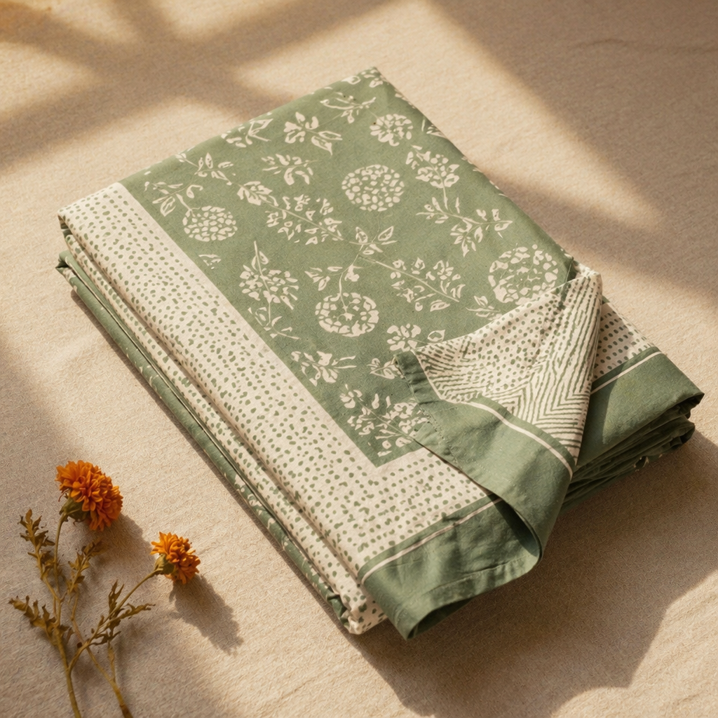 Teal & Off-White Jaipuri Marigold Bedsheet, The Linen Room. Handmade in India by House of Taraasha.