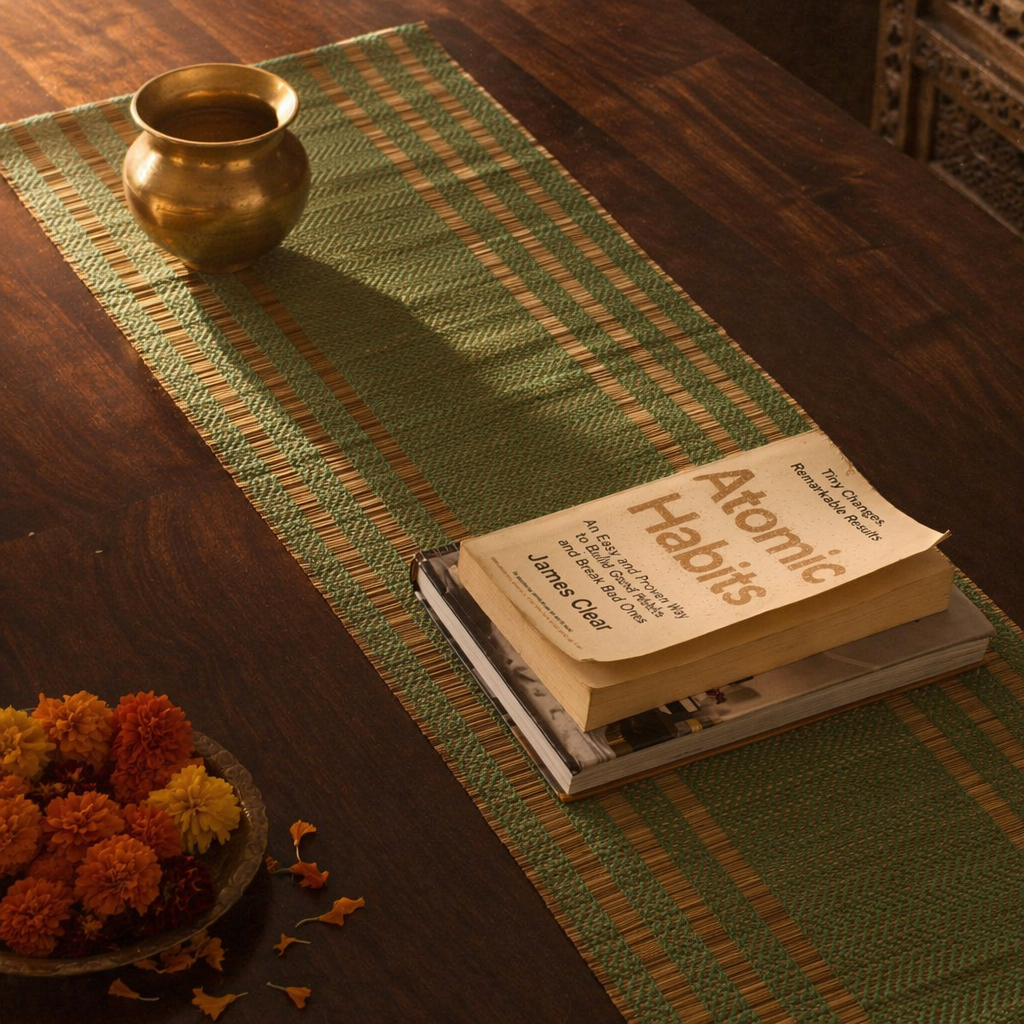 Madur Aqua Handwoven Grass Table Runner, The Gathered Table. Handmade in India by House of Taraasha.