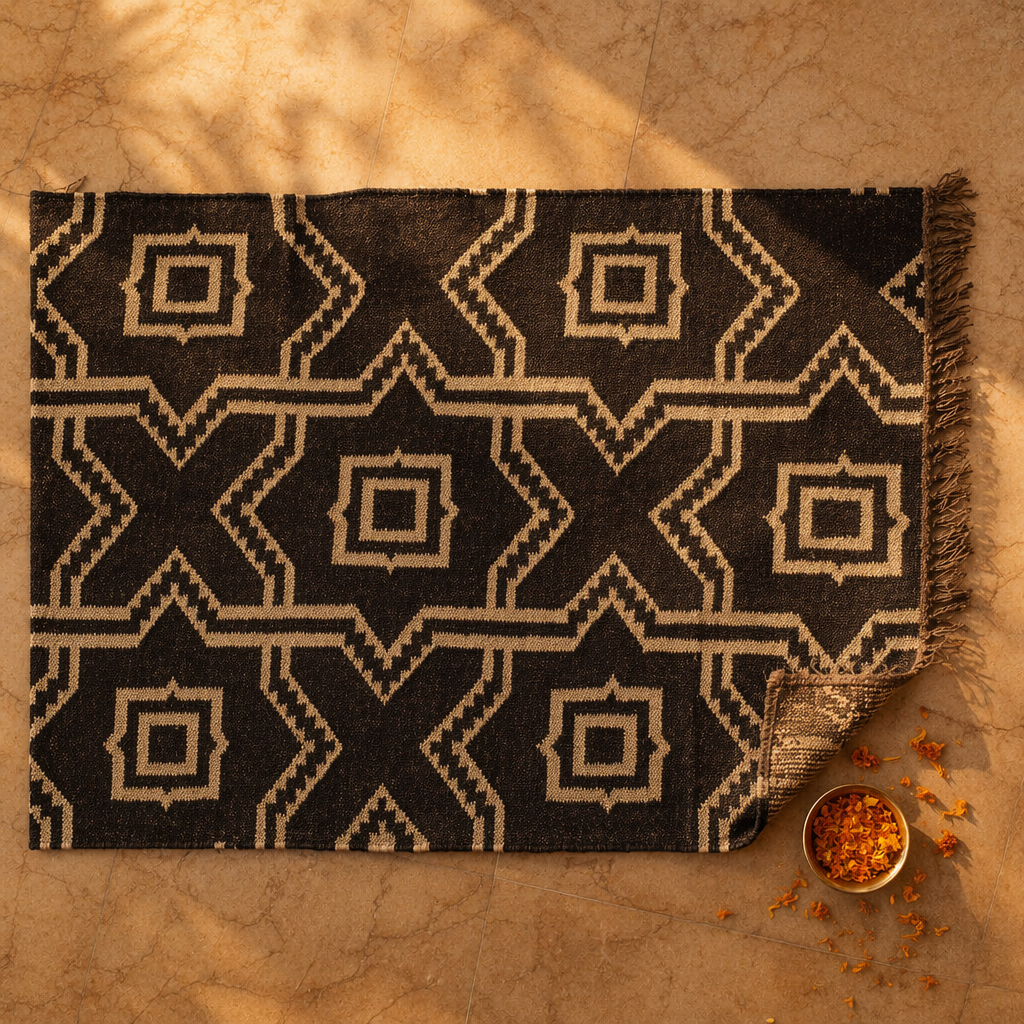 Monochrome Geometric Punja-Woven Jute & Wool Rug, The Woven Floor. Handmade in India by House of Taraasha.