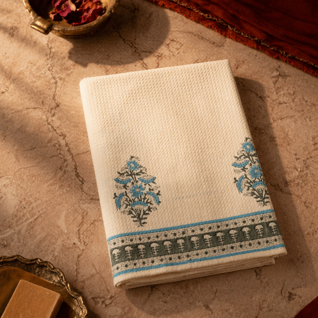 Block-Printed Waffle Hand-Printed Cotton Bath Towel, The Linen Room. Handmade in India by House of Taraasha.