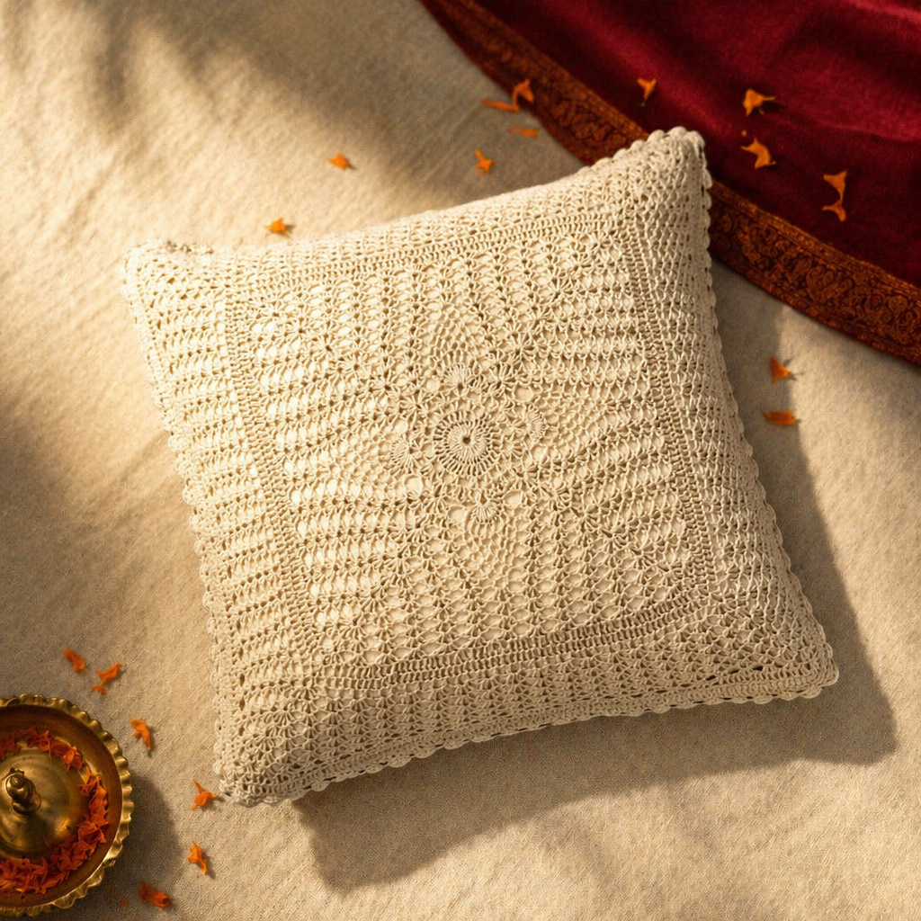 White Floret Handmade Crochet Cushion Cover, The Living Room. Handmade in India by House of Taraasha.