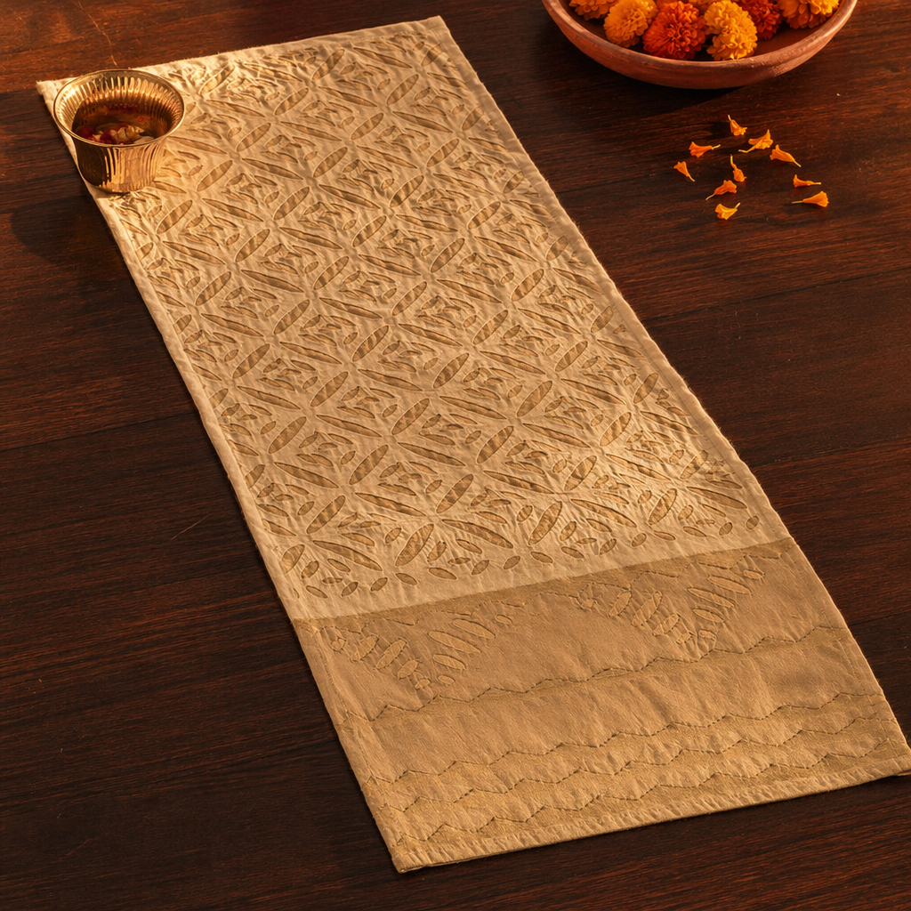 Applique Cutwork Runner Off-White and Taupe, The Gathered Table. Handmade in India by House of Taraasha.