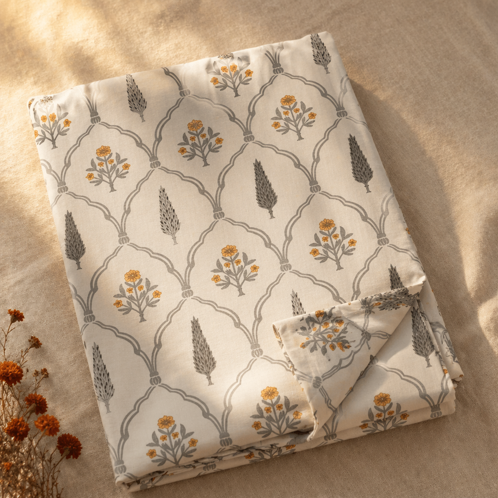 Cypress Yellow Hand-Printed Floral Bedsheet, The Linen Room. Handmade in India by House of Taraasha.