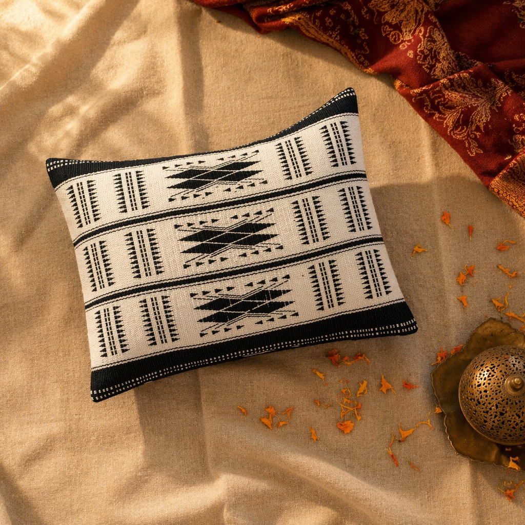 Naga Monochrome Backstrap-Loom Woven Rectangular Cushion Cover, The Living Room. Handmade in India by House of Taraasha.