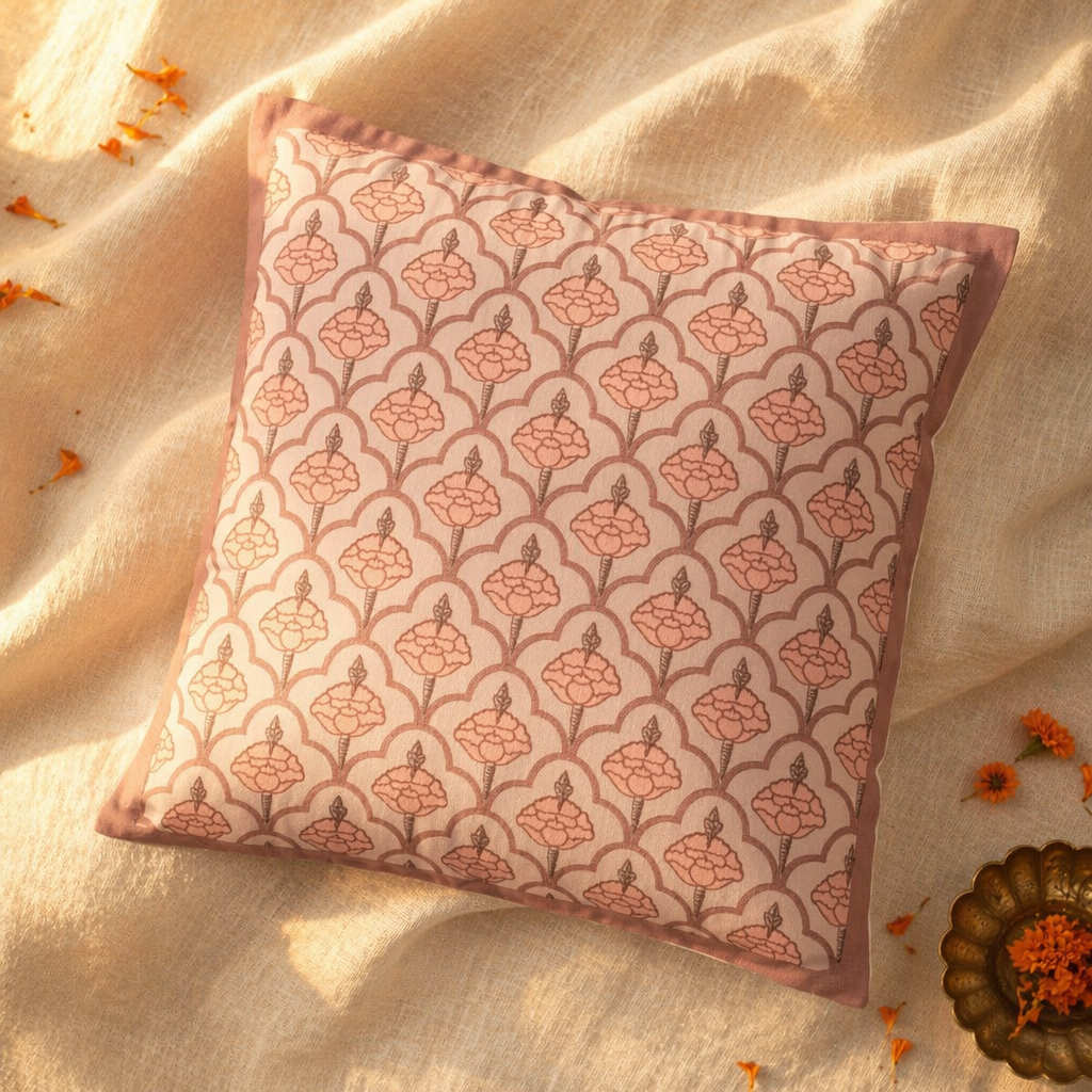 Royal Courtyards Dusty Pink Jaali & Floral Cushion Set, The Living Room. Handmade in India by House of Taraasha.