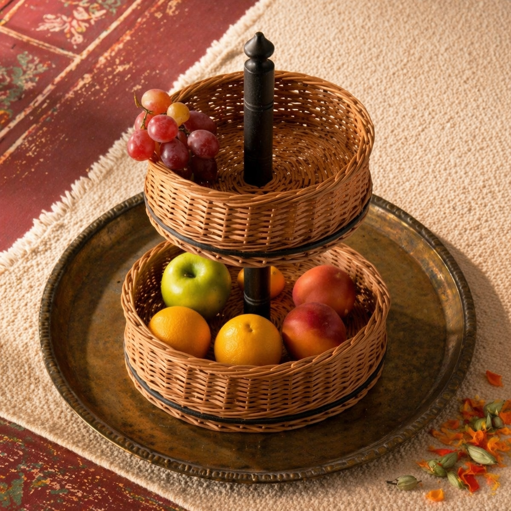 Kashmiri Two-Tier Collapsible Willow Fruit Basket, The Wicker House. Handmade in India by House of Taraasha.