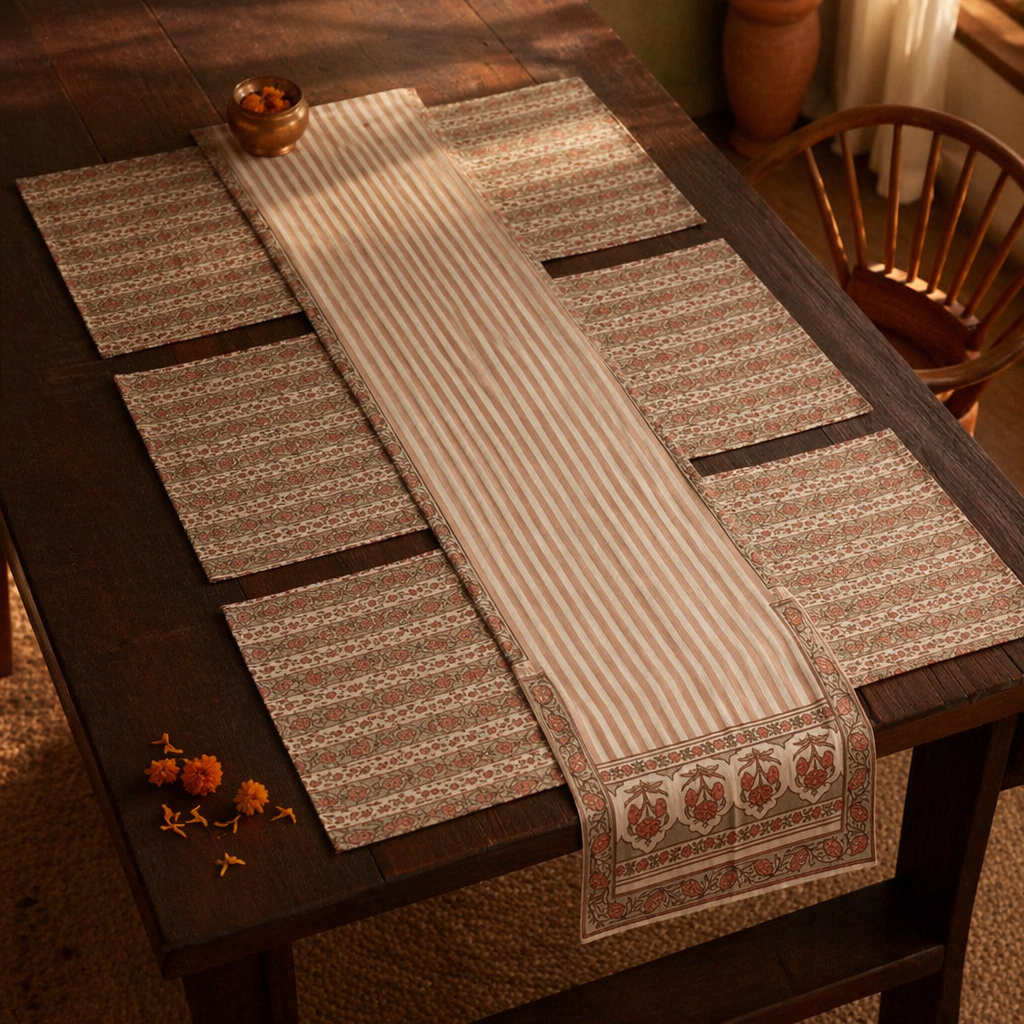 Royal Courtyards Runner and Mat Set Dusty Pink and Off-White, The Gathered Table. Handmade in India by House of Taraasha.