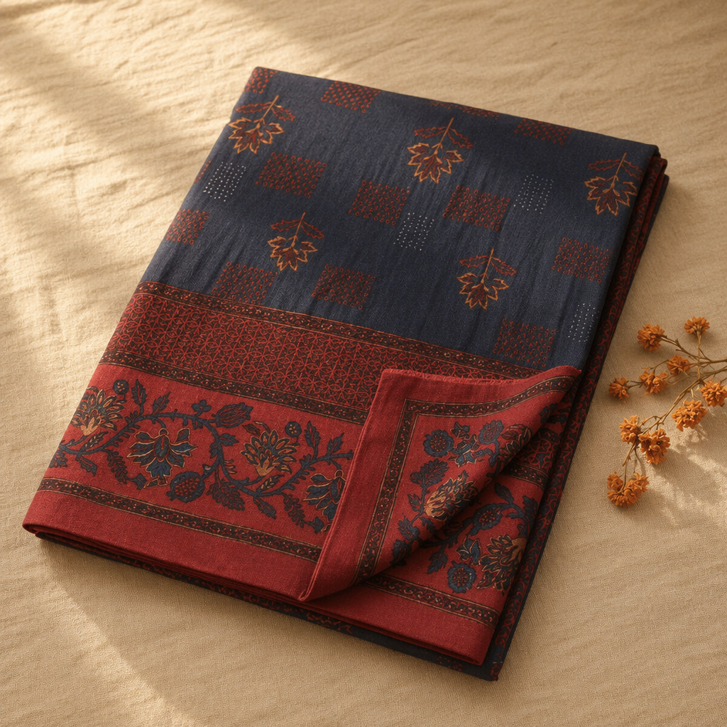 Chintz Navy Blue and Brick Red Bed Cover, The Linen Room. Handmade in India by House of Taraasha.