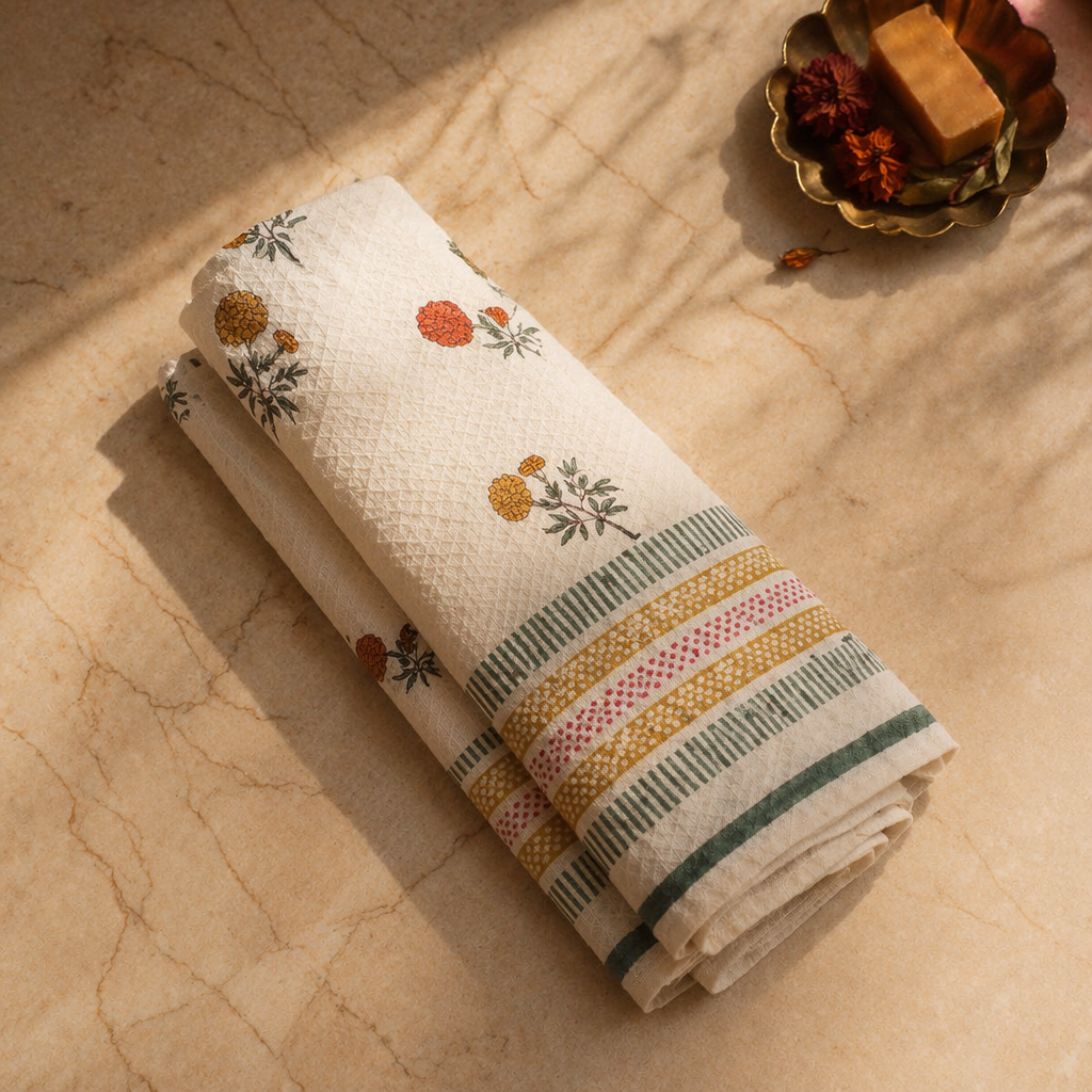 Marigold Hand Block-Printed Waffle Cotton Towel Set, The Linen Room. Handmade in India by House of Taraasha.