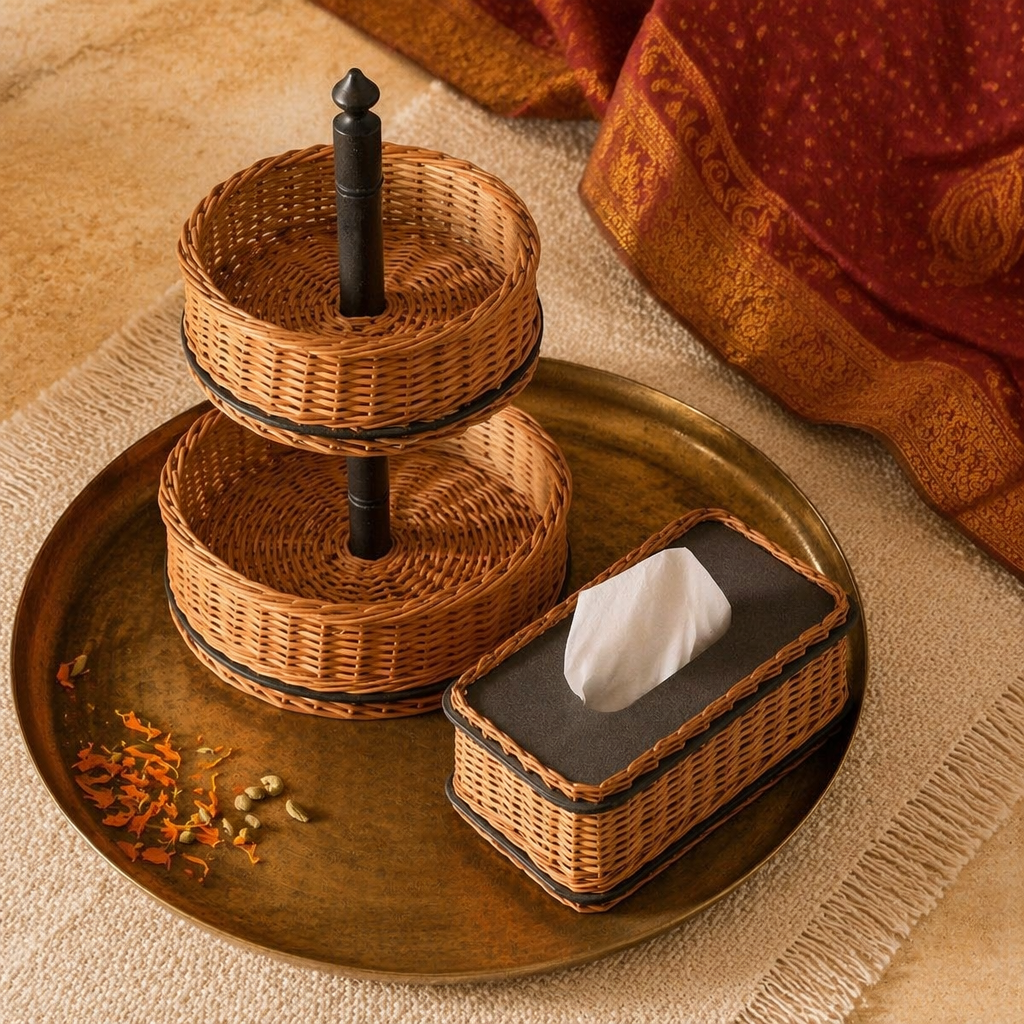 Kashmiri Willow Wicker Fruit Basket & Tissue Box, The Wicker House. Handmade in India by House of Taraasha.