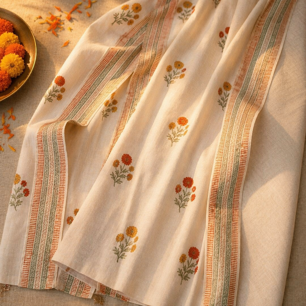 Mulmul Marigold Sheer Rust Mustard and Teal Curtain, The Draped Window. Handmade in India by House of Taraasha.