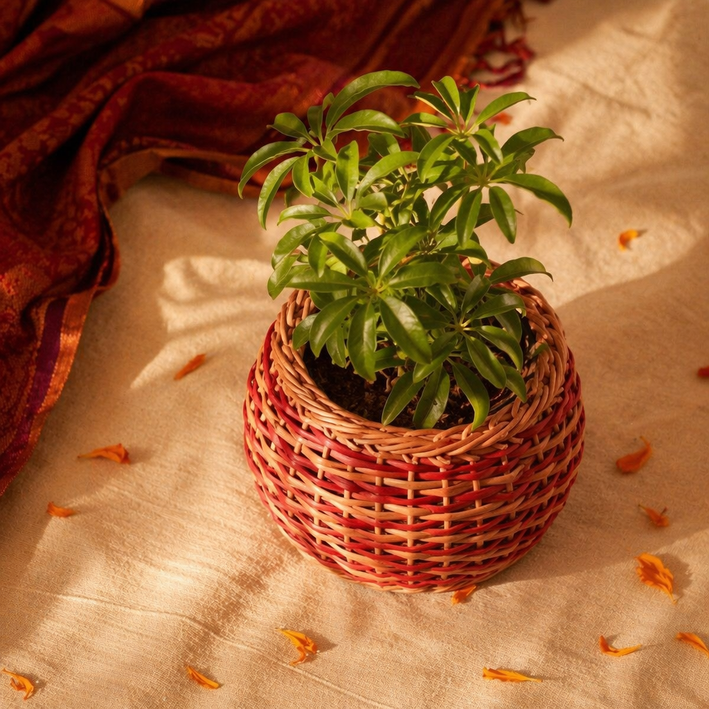 Willow Wicker Planter Rust and Indigo, Kashmir, The Art Wall. Handmade in India by House of Taraasha.