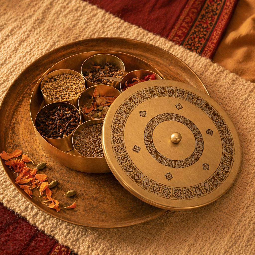 Kanjeevaram Premium Pure Brass Masala Dabba, The Brass Atelier. Handmade in India by House of Taraasha.