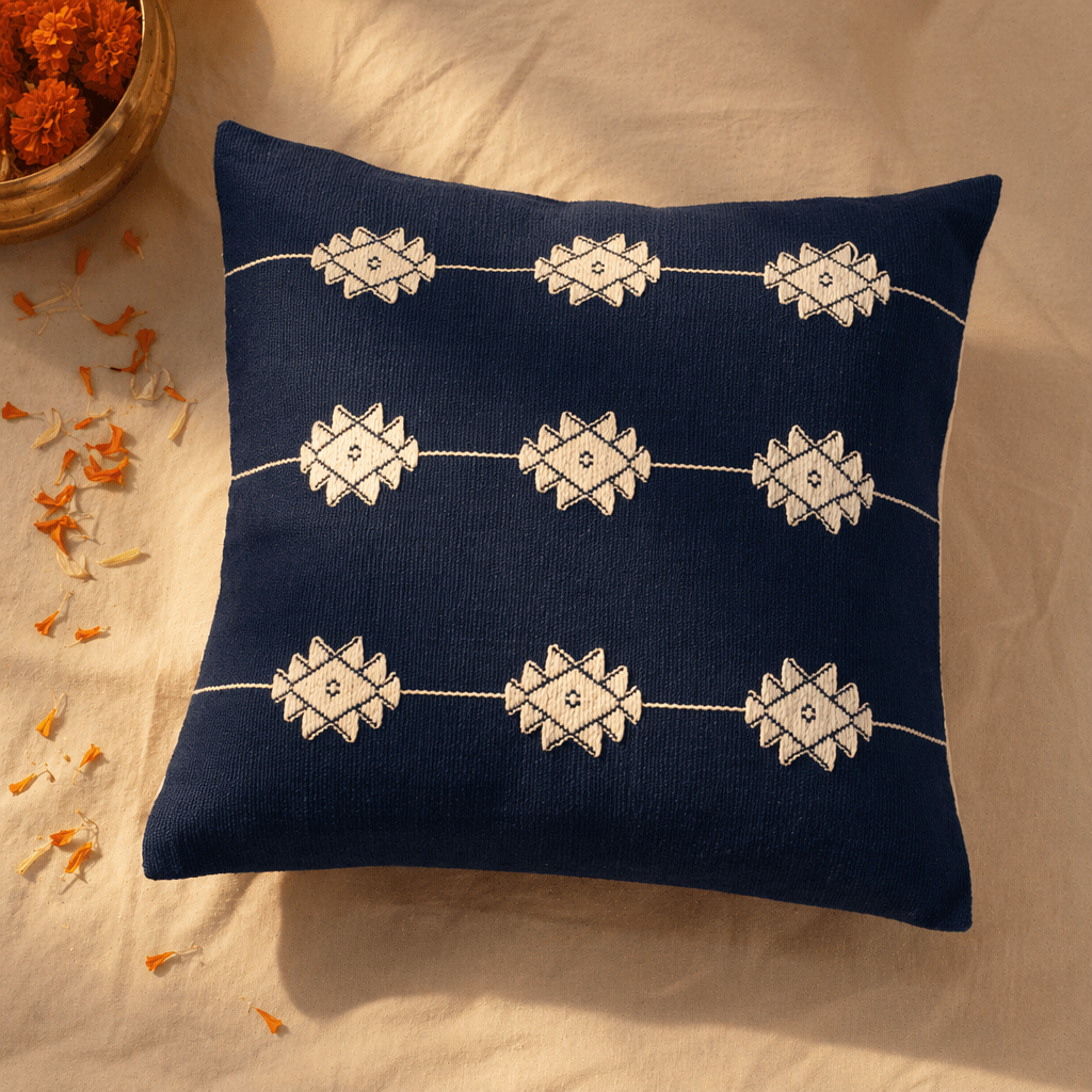 Naga White Flower Backstrap-Loom Woven Cotton Cushion Cover, The Living Room. Handmade in India by House of Taraasha.