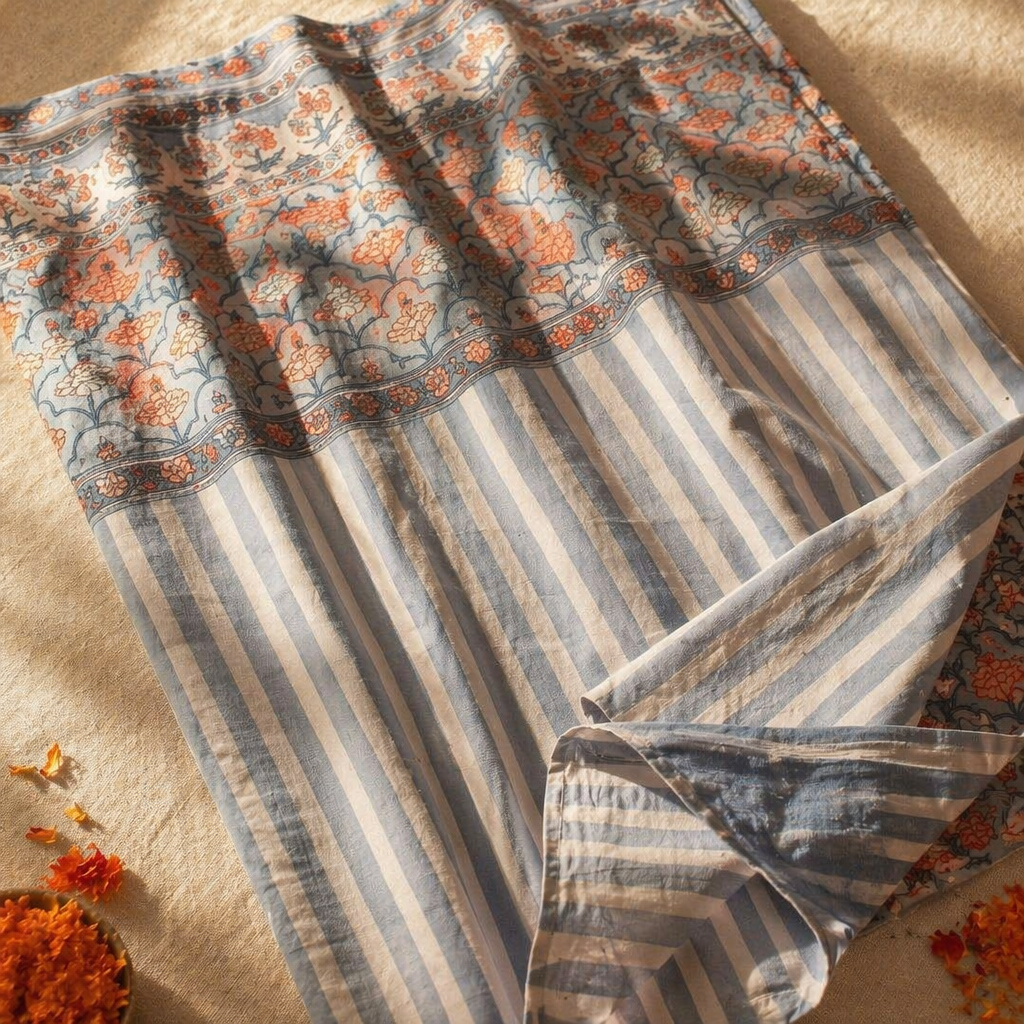 Handwoven & Printed Blue and Dusty Pink Cotton Curtains, The Draped Window. Handmade in India by House of Taraasha.