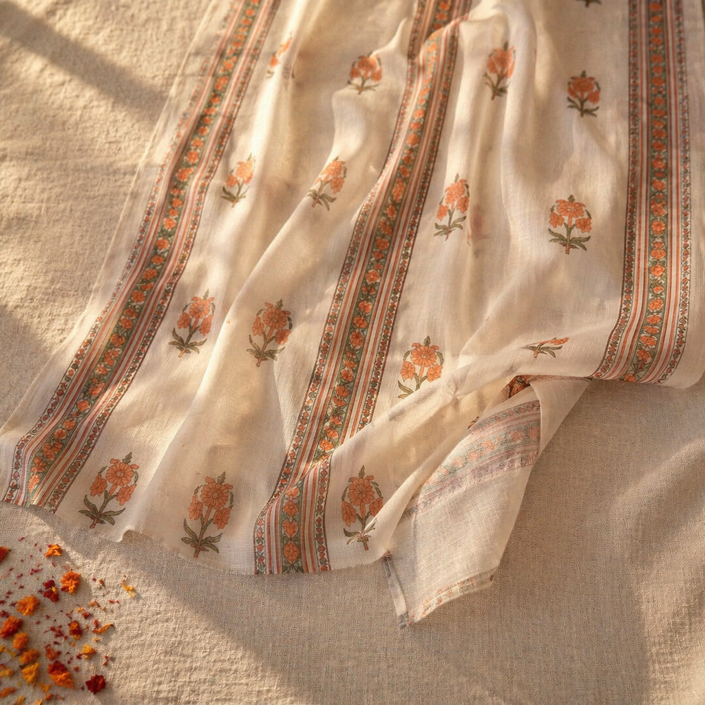 Mulmul Sheer Hand-Printed Green and Dusty Pink Curtain, The Draped Window. Handmade in India by House of Taraasha.