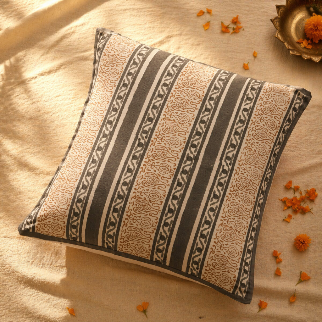 Charcoal Stripe Hand Block-Printed Cotton Cushion Cover, The Living Room. Handmade in India by House of Taraasha.