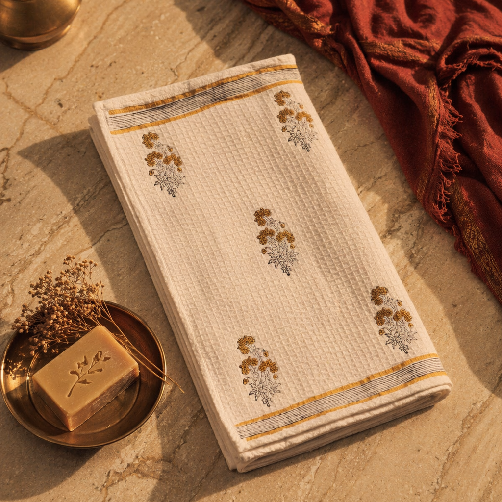 Yellow Floral Hand Block-Printed Cotton Hand Towel, The Linen Room. Handmade in India by House of Taraasha.