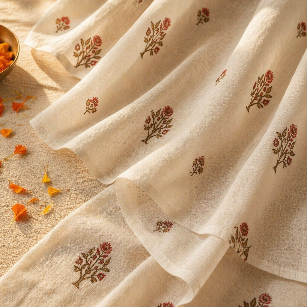 Mulmul Sheer Hand-Printed Rust and Green Floral Curtain, The Draped Window. Handmade in India by House of Taraasha.
