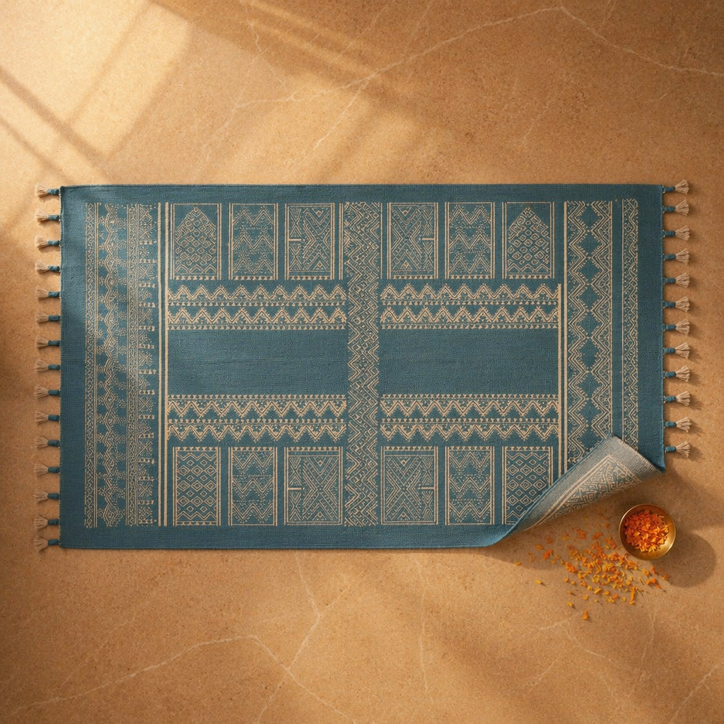 Mandana Teal Hand-Printed Tribal Pattern Cotton Rug, The Woven Floor. Handmade in India by House of Taraasha.