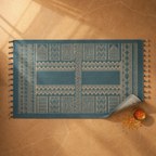 Mandana Teal Hand-Printed Tribal Pattern Cotton Rug, The Woven Floor. Handmade in India by House of Taraasha.