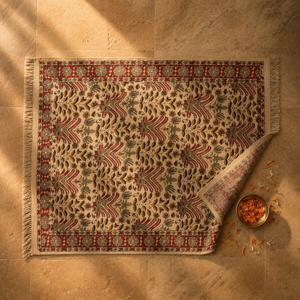 Kalamkari Floral Handwoven Block-Printed Cotton Rug, The Woven Floor. Handmade in India by House of Taraasha.