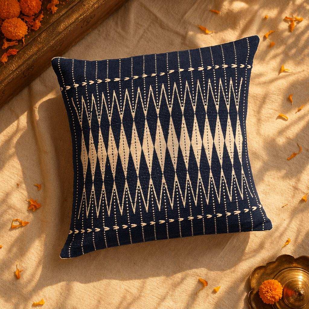 Naga Indigo Backstrap-Loom Woven Tribal Cushion Cover, The Living Room. Handmade in India by House of Taraasha.