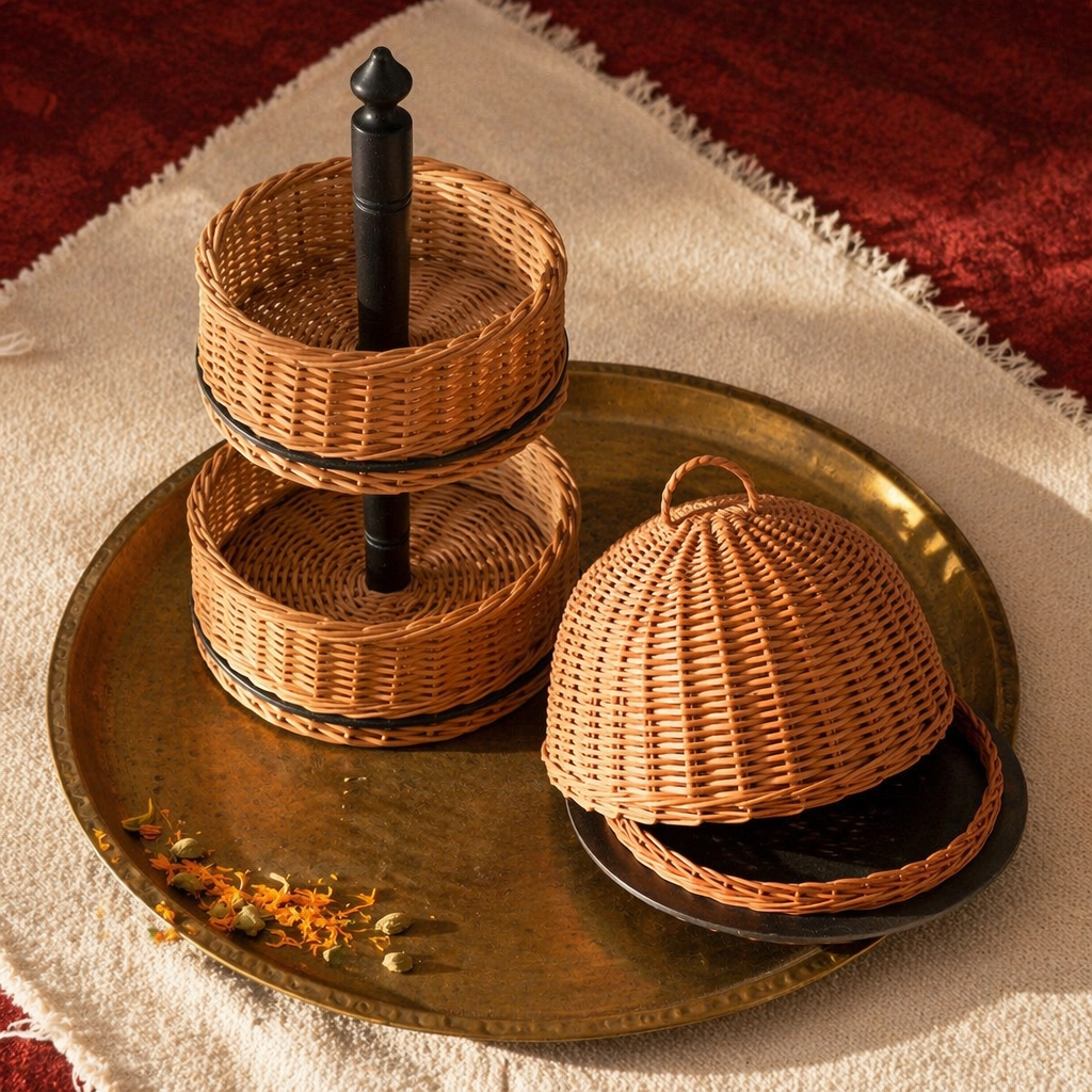 Kashmiri Willow Wicker Cloche & Two-Tier Fruit Basket, The Wicker House. Handmade in India by House of Taraasha.