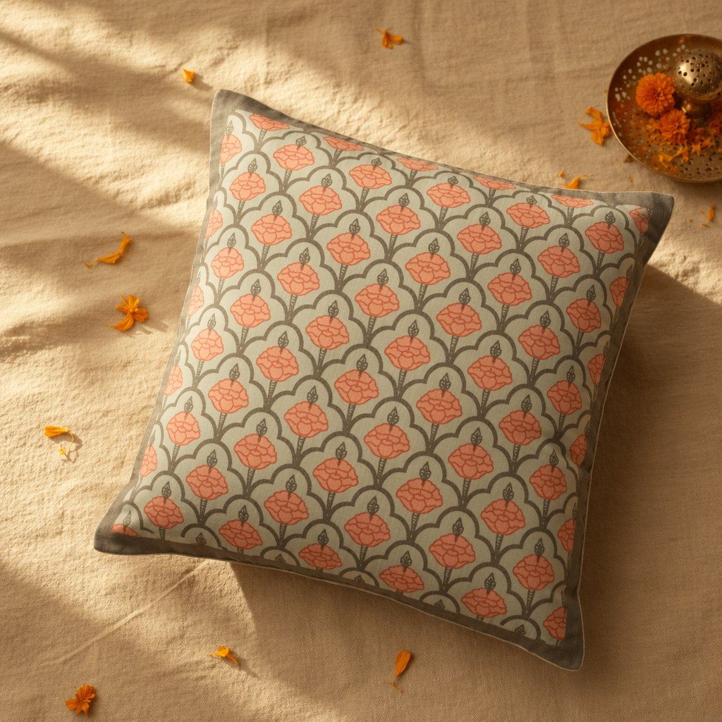 Jaali Green and Dusty Pink Hand-Printed Cushion Cover, The Living Room. Handmade in India by House of Taraasha.
