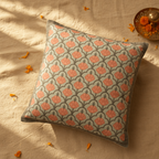 Jaali Green and Dusty Pink Hand-Printed Cushion Cover, The Living Room. Handmade in India by House of Taraasha.
