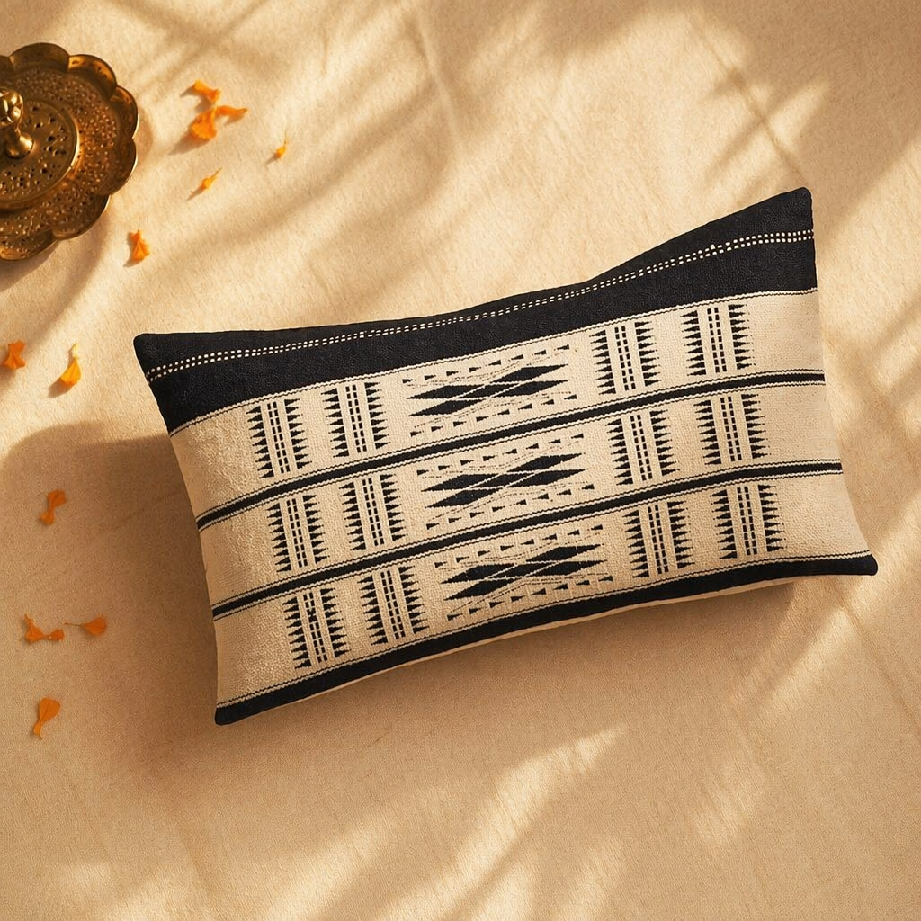 Naga Tribal Backstrap-Loom Rectangular Monochrome Cover, The Living Room. Handmade in India by House of Taraasha.