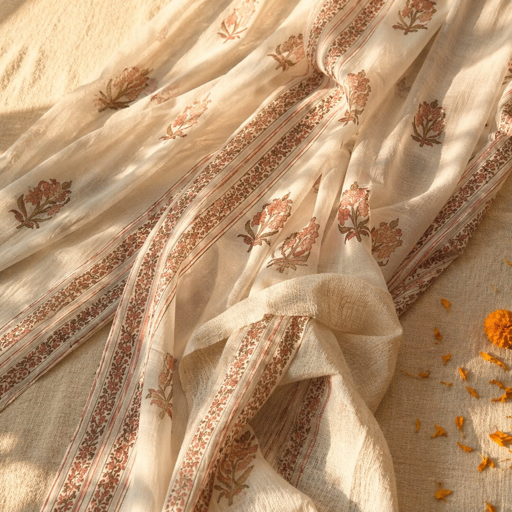Mulmul Sheer Hand-Printed Dusty Pink Curtain, The Draped Window. Handmade in India by House of Taraasha.