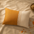 Crochet-Flap Mustard and Off-White Rectangular Cushion Cover, The Living Room. Handmade in India by House of Taraasha.