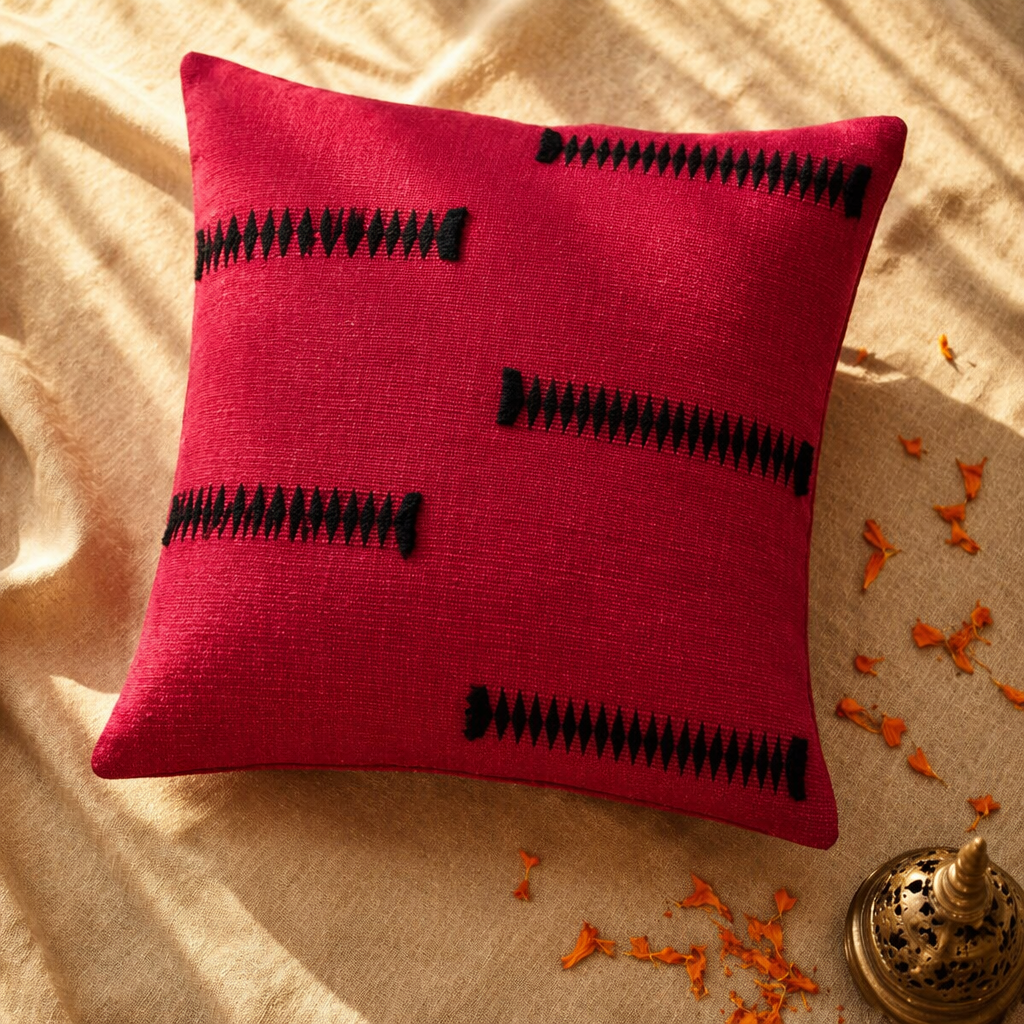 Naga Tribal Backstrap-Loom Black & Red Cushion Cover, The Living Room. Handmade in India by House of Taraasha.