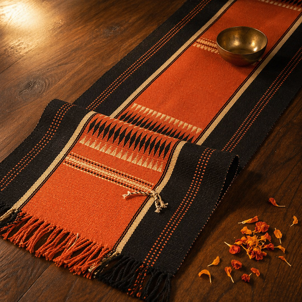 Naga Backstrap-Woven Runner Tangerine and Black, The Gathered Table. Handmade in India by House of Taraasha.
