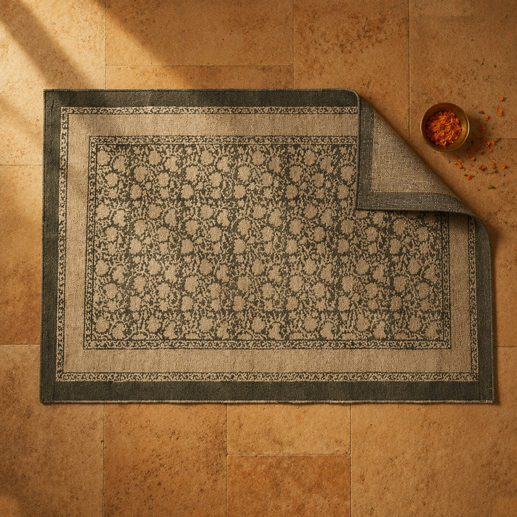 Ivory and Charcoal Hand Block-Printed Cotton Rug, The Woven Floor. Handmade in India by House of Taraasha.