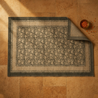 Ivory and Charcoal Hand Block-Printed Cotton Rug, The Woven Floor. Handmade in India by House of Taraasha.