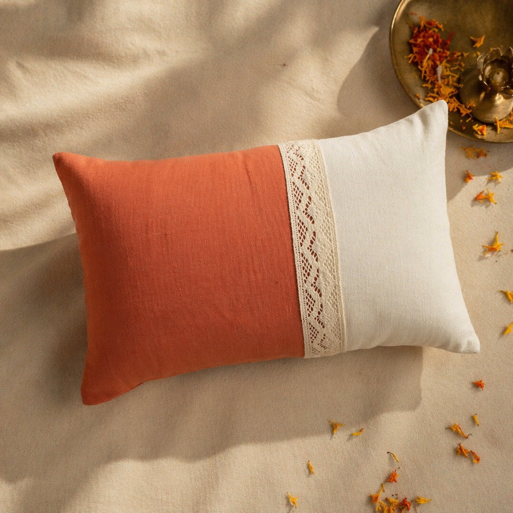 Rust and Off-White Crochet Bolster Cushion Cover, The Living Room. Handmade in India by House of Taraasha.