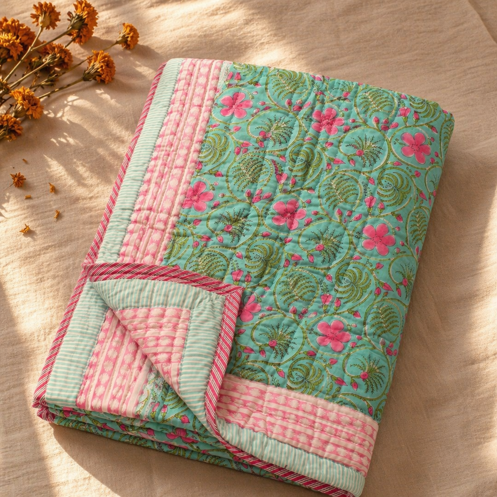 Turquoise & Pink Reversible Jaipuri Razai, The Linen Room. Handmade in India by House of Taraasha.