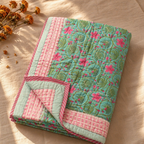 Turquoise & Pink Reversible Jaipuri Razai, The Linen Room. Handmade in India by House of Taraasha.