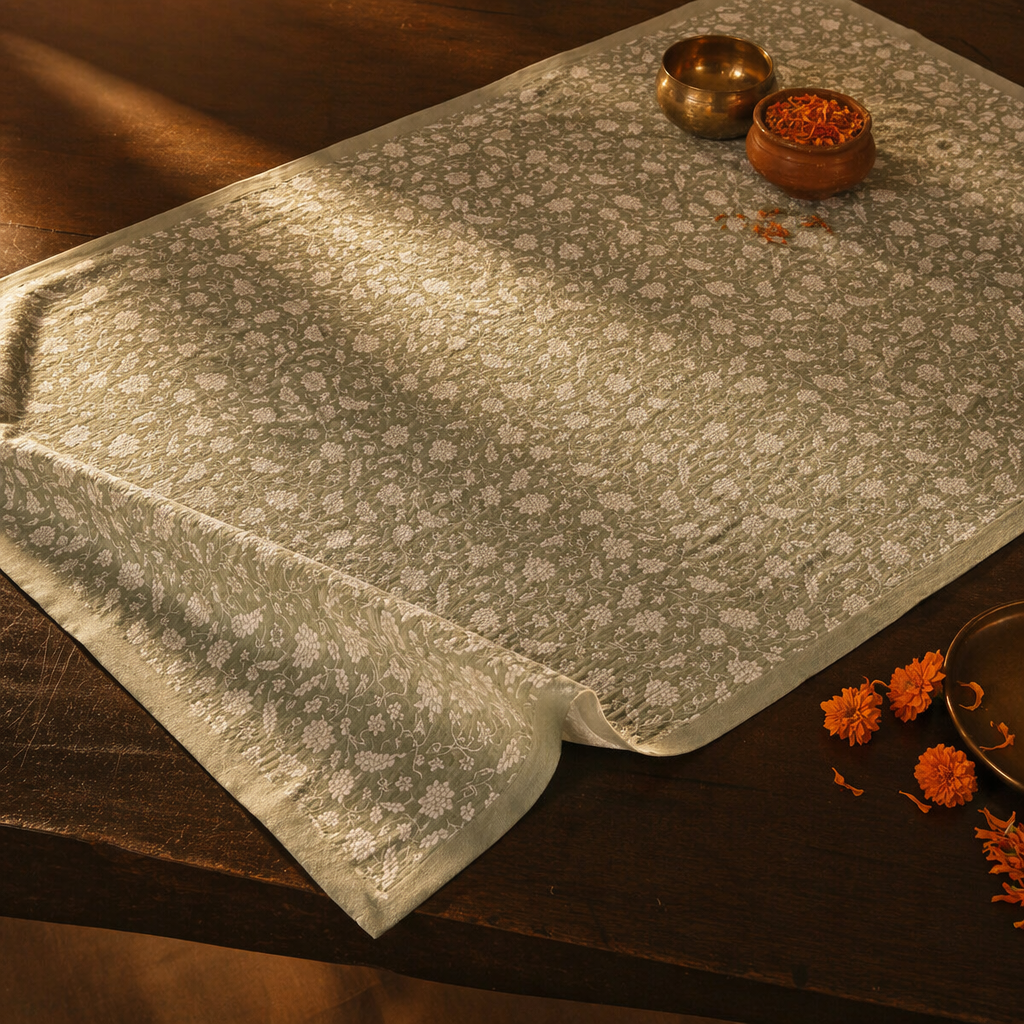 Floral Cotton Hand-Printed 4-Seater Tablecloth, The Gathered Table. Handmade in India by House of Taraasha.