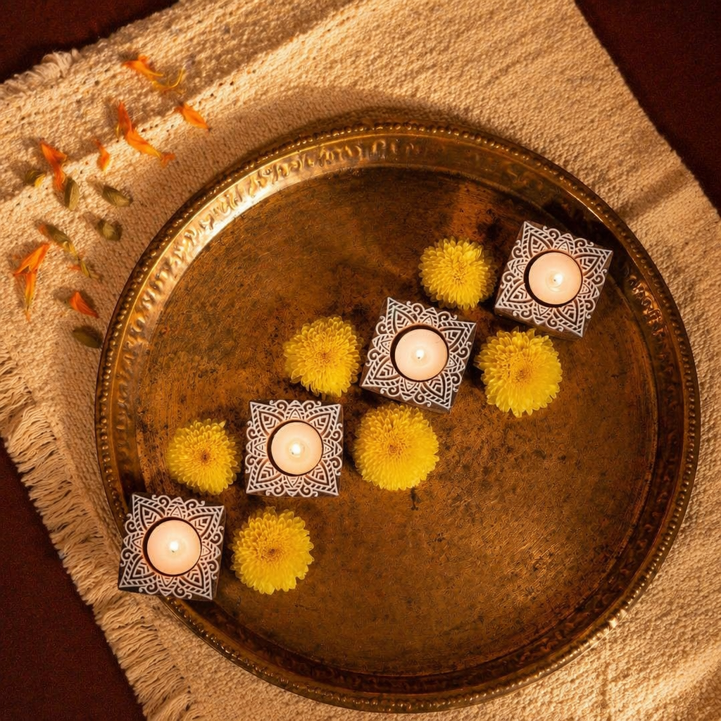 Carved Diya Hand-Engraved Wooden Tea Lights, Still Light. Handmade in India by House of Taraasha.