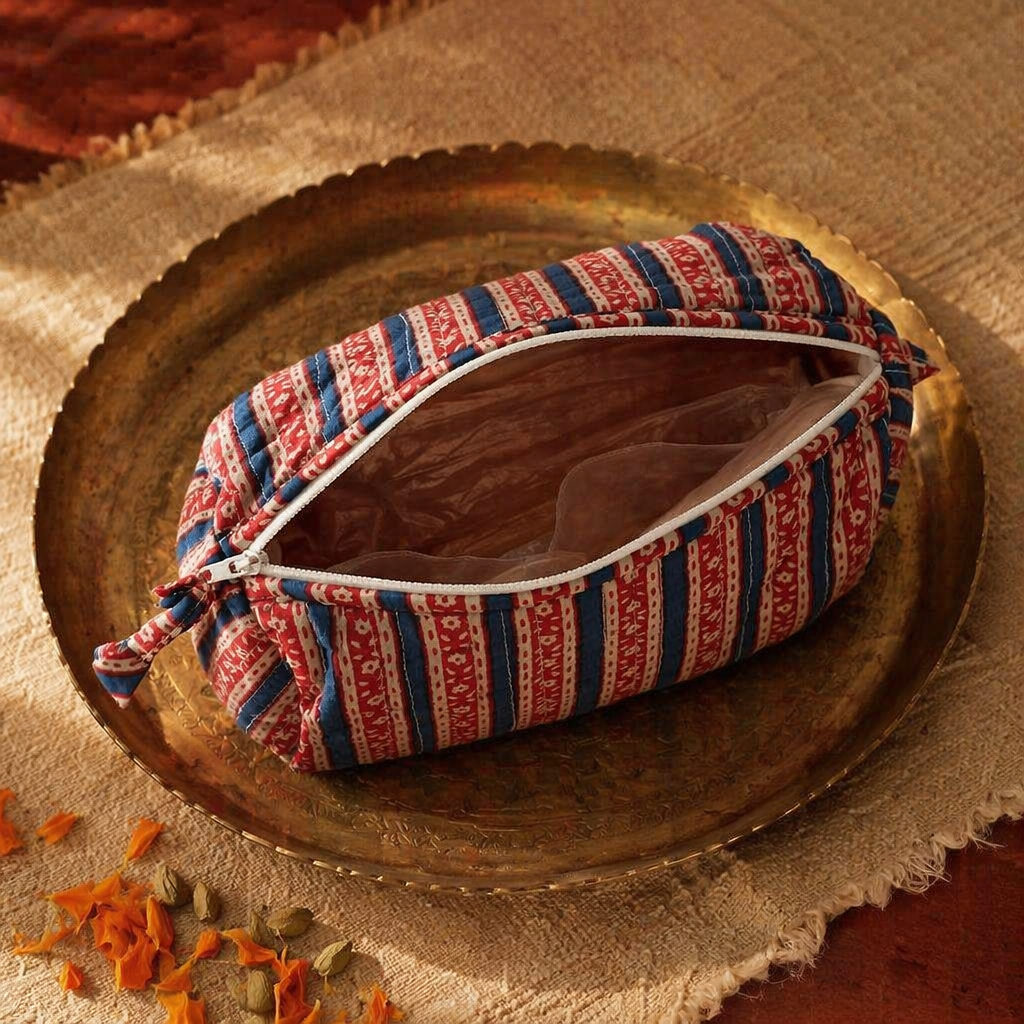 Quilted Block-Print Pouch Red and Blue, Medium, The Gift Room. Handmade in India by House of Taraasha.