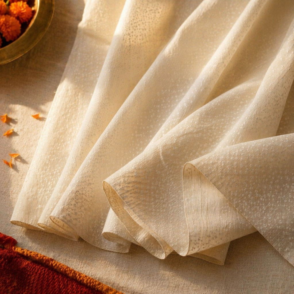 Chanderi Dot Handwoven Missing-Weave Semi-Sheer Curtain, The Draped Window. Handmade in India by House of Taraasha.
