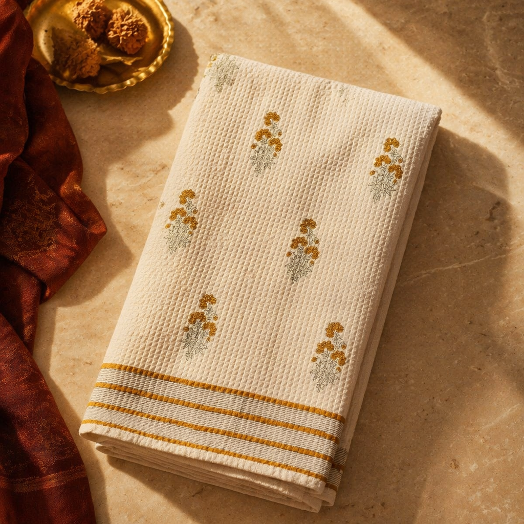 Floral Hand-Printed Waffle Weave Bath Towel, The Linen Room. Handmade in India by House of Taraasha.