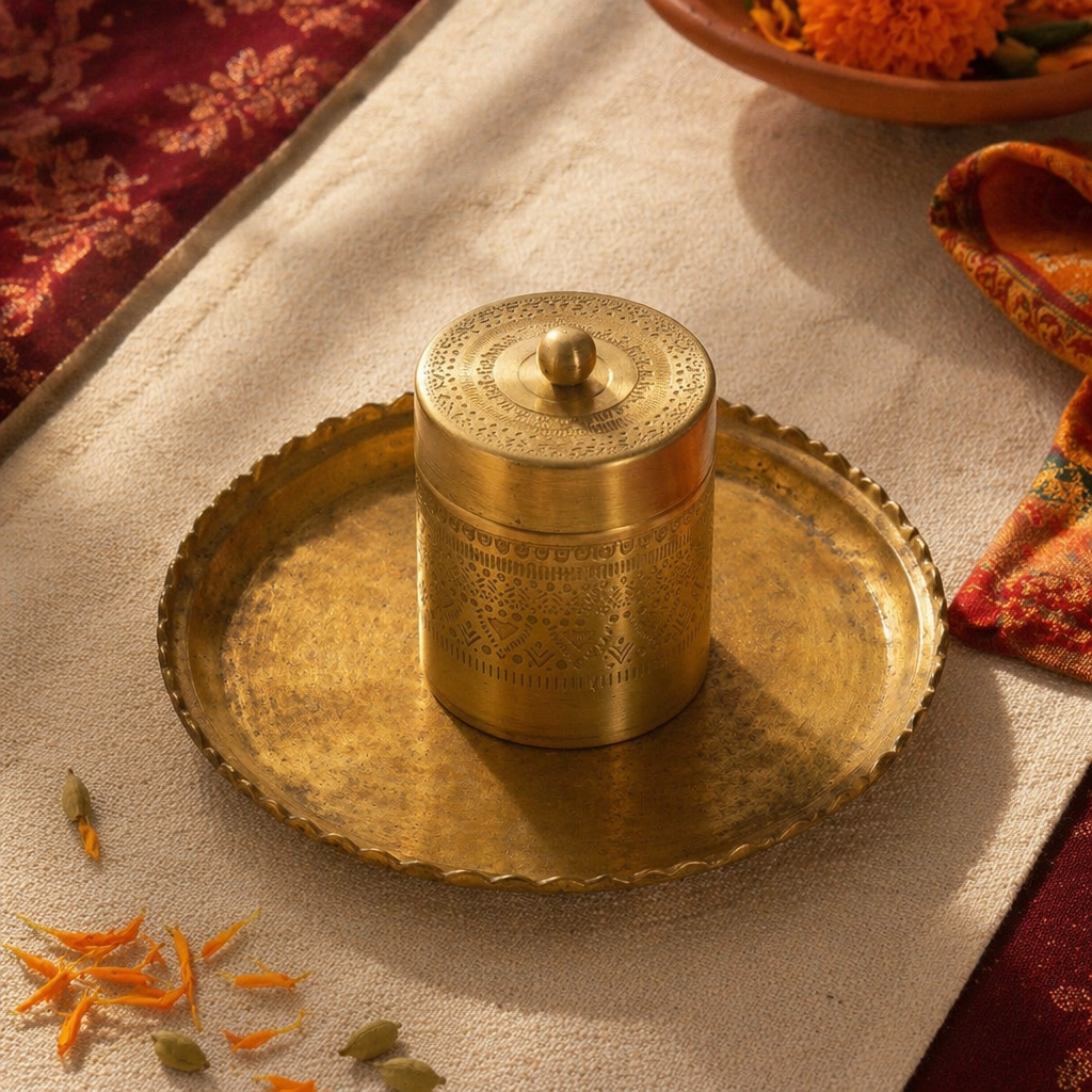 Moradabad Floral-Etched Pure Brass Dabba, The Brass Atelier. Handmade in India by House of Taraasha.