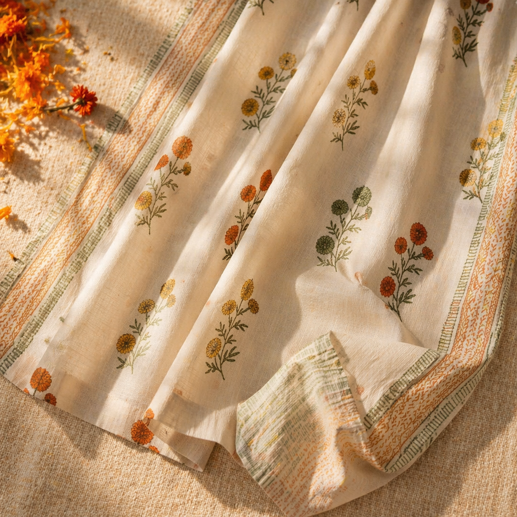 Marigold Block-Print Sheer Teal and Mustard Curtain, The Draped Window. Handmade in India by House of Taraasha.