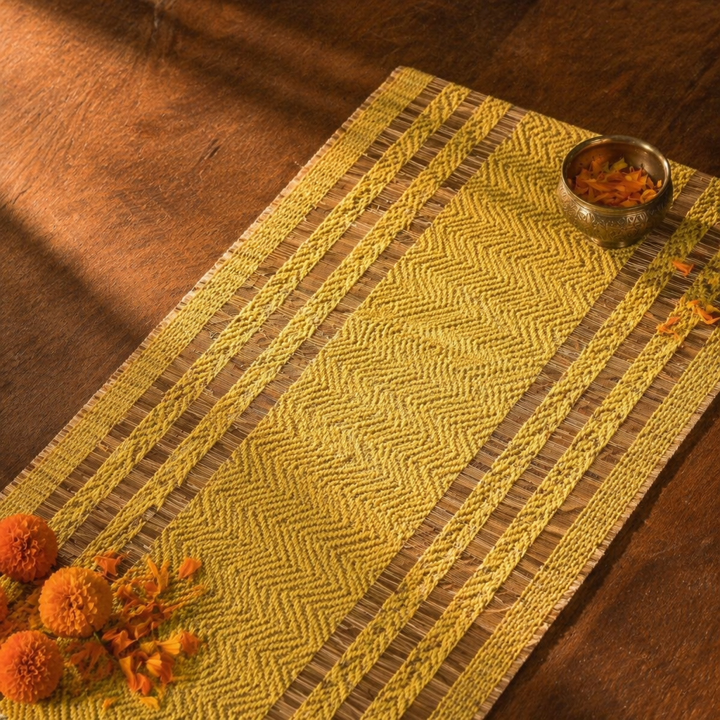 Madur Lemon Handwoven Grass Table Runner, The Gathered Table. Handmade in India by House of Taraasha.