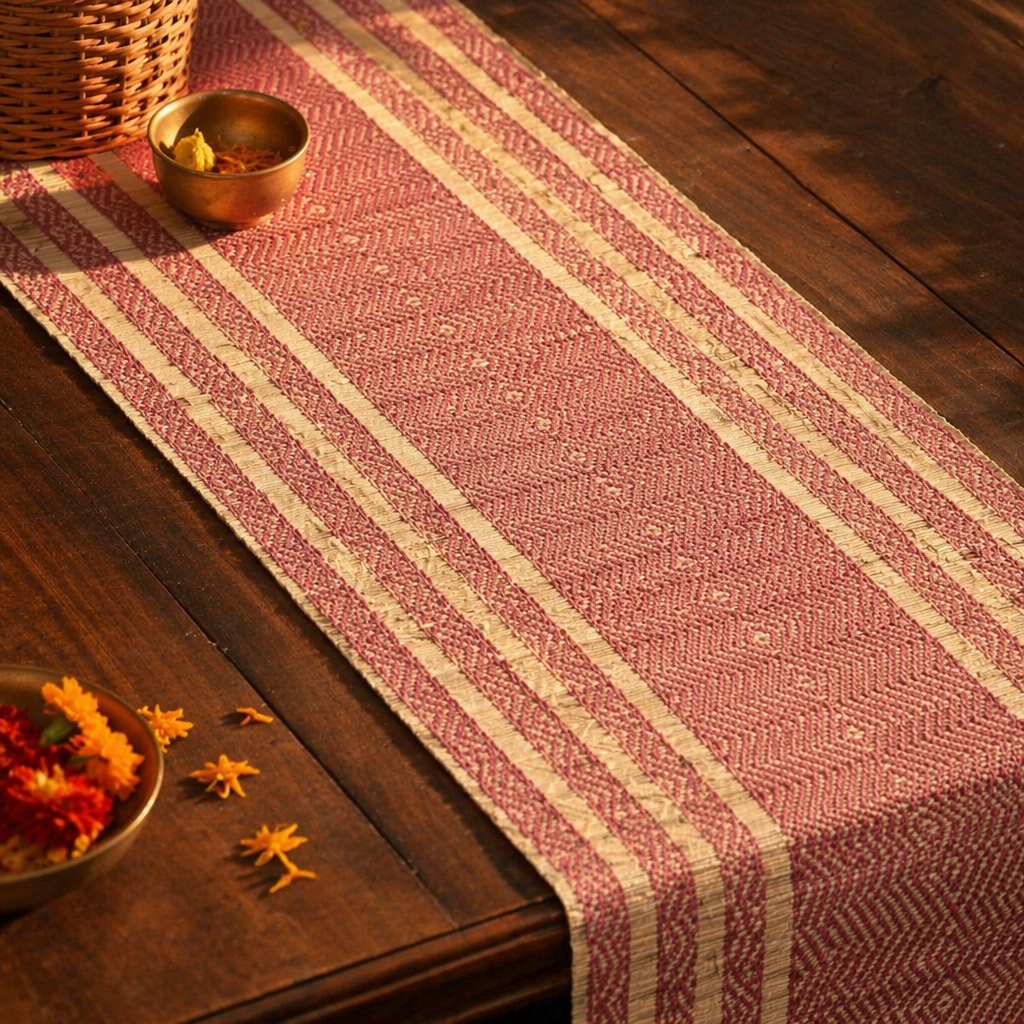 Madur Grass Woven Runner Blush Pink and Beige, The Gathered Table. Handmade in India by House of Taraasha.